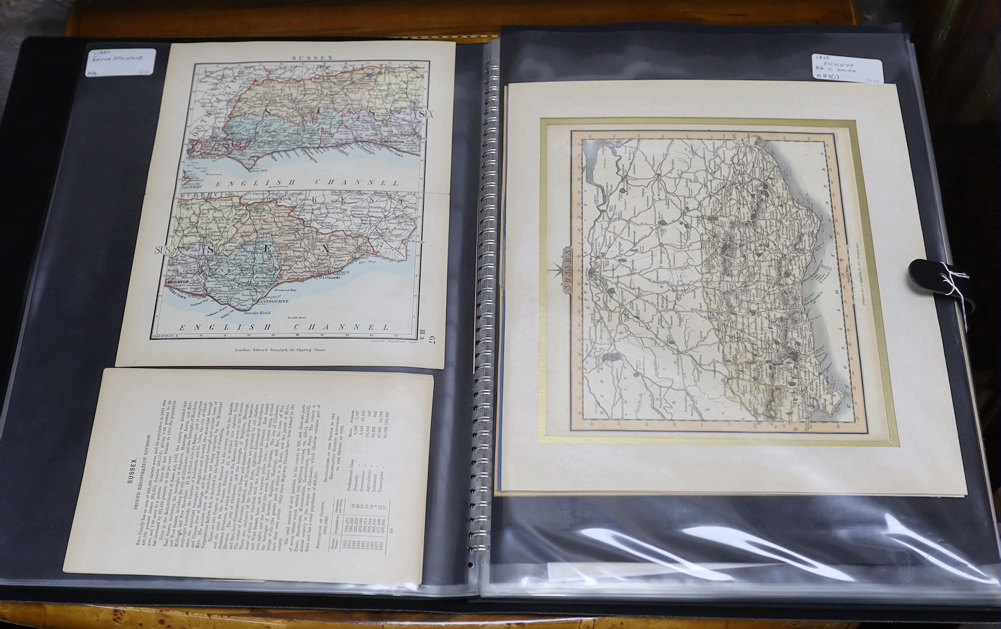 A folder of fifty-two mainly 18th and 19th century maps and charts of Sussex and the related area, including; engravings from books, charts of distances between towns, etc.